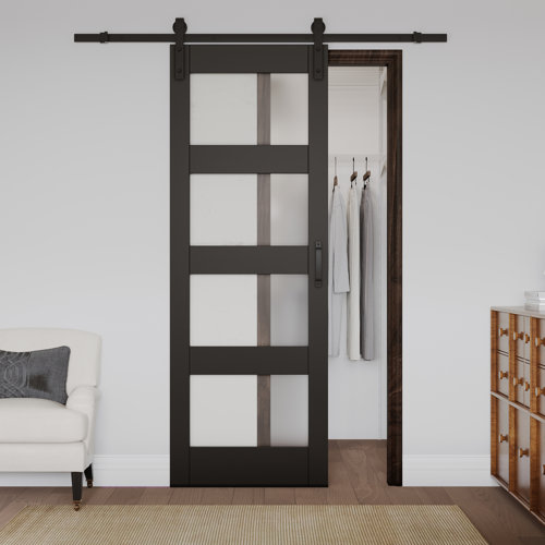 Glass And Manufactured Wood Black Sliding Barn Door With Installation Hardware Kit 